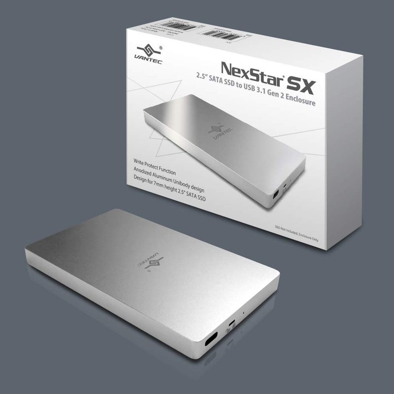 Vantec 2.5" SATA SSD to USB 3.1 Gen 2 Type C Enclosure with Type C to C Cable (NST-204C3-SV), Pocket size, Silver - Image 1